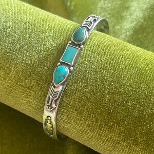 Sterling Silver Vintage Albert Jake Navajo Turquoise Cuff Bracelet